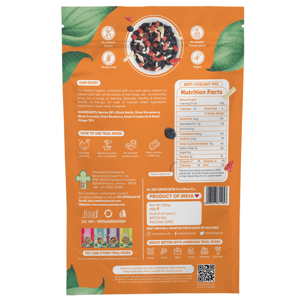 Ambrosia Combo Pack of Trail Mix 400g | Anti-Oxidant 200g & Exotic Nuts 200g | Mixed Berries & Mixed Nuts