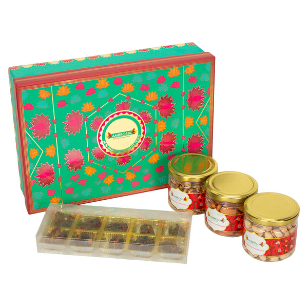 Ambrosia Mixed Delights Diwali Gift Box 670g I Diwali Gift Hamper I Premium Dry-fruits I Almonds, Dates, Pista & Walnut Kernels I Corporate Diwali Hamper I Diwali Dry Fruit Gift Pack I Premium Diwali Gift Box I Festive Hamper