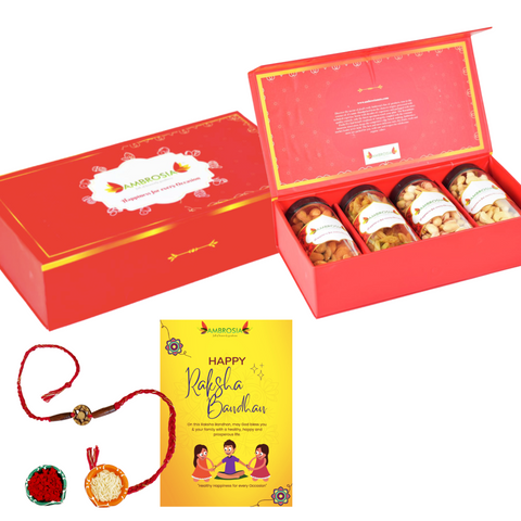 Ambrosia Premium Dry Fruits Gift Box with Rakhi Tikka & Greeting Card (Almonds, Walnuts Kernels, Pista & Raisins)