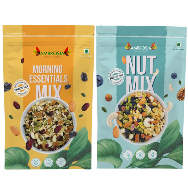 Ambrosia Trail Mix Combo Pack (2 X 200 g) | Morning Mix 200 g - Mixed Berries & Seeds | Nut Mix 200 g - 90% Exotic Nuts