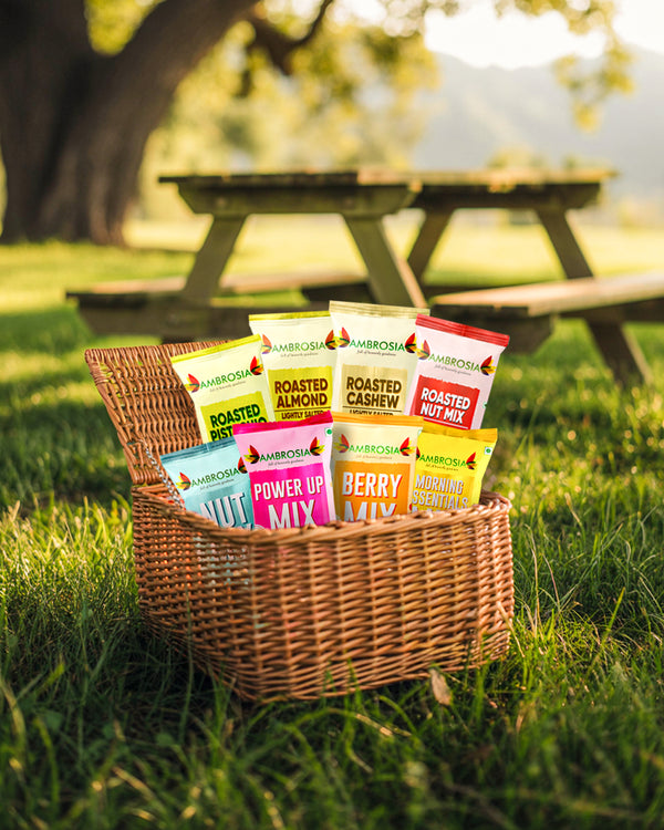 Ambrosia TrailMixes Delight Rakhi Gift Hamper 320g (each pack 40g) | Packed with variety of roasted nuts, dried fruits and seeds