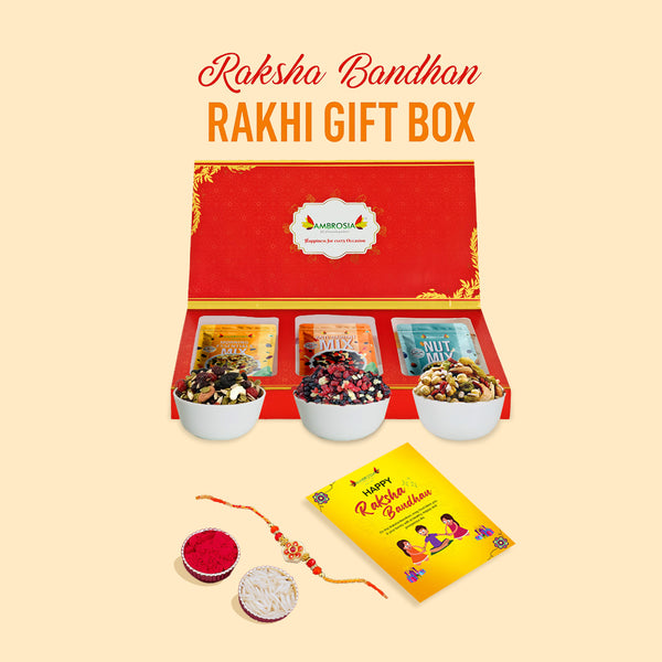 Ambrosia TrailMixes Rakhi Gift Hamper 600g (each pack 200g) | Packed with premium crunchy Nut Mix, BerryMix & Morning Mix 600g