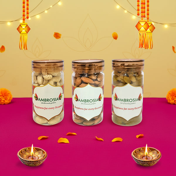 Ambrosia Diwali Dry Fruits Gift Box 340g - Diwali Gift Hamper | Festive Dry Fruit Gift |Almonds, Cashew & Raisins