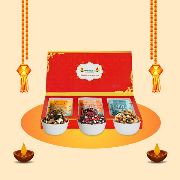 Ambrosia TrailMixes Diwali Gift Hamper 600g (each pack 200g) | Packed with premium crunchy Nut Mix, BerryMix & Morning Mix 600g
