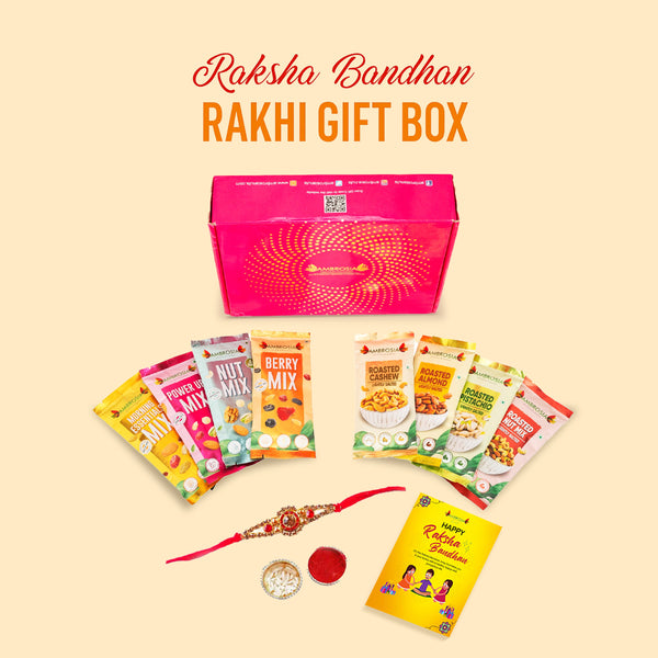 Ambrosia TrailMixes Delight Rakhi Gift Hamper 320g (each pack 40g) | Packed with variety of roasted nuts, dried fruits and seeds