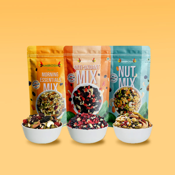 Ambrosia TrailMixes Rakhi Gift Hamper 600g (each pack 200g) | Packed with premium crunchy Nut Mix, BerryMix & Morning Mix 600g