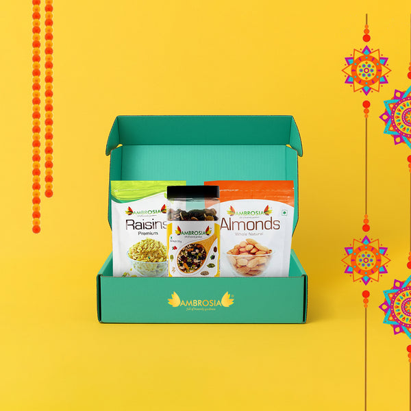Ambrosia Dry Fruit Box, 750g - Premium Dryfruit Gift Hamper | Perfect Festive Gift for Loved ones | Gift Hamper | Assorted Mix of Flavoured Nuts & Trail Mix | Almonds | Raisins | ClassicTrail Mix