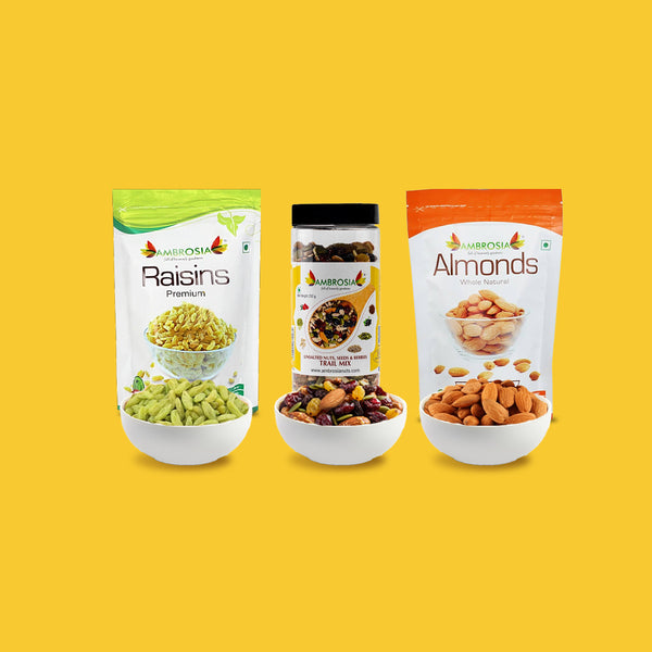 Ambrosia Dry Fruit Box, 750g - Premium Dryfruit Gift Hamper | Perfect Festive Gift for Loved ones | Gift Hamper | Assorted Mix of Flavoured Nuts & Trail Mix | Almonds | Raisins | ClassicTrail Mix