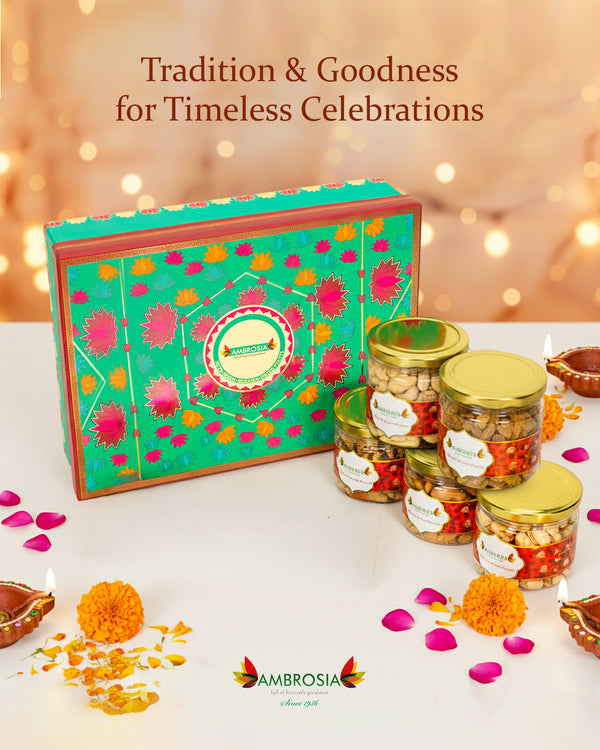 Ambrosia Mixed Delights Diwali Gift Box 740g I Diwali Gift Hamper I Premium Dry-fruits I Almonds, Cashew, Pista, Raisins & Walnut Kernels I Corporate Diwali Hamper I Diwali Dry Fruit Gift Pack I Premium Diwali Gift Box I Festive Hamper