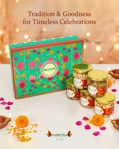 Ambrosia Mixed Delights Diwali Gift Box 740g I Diwali Gift Hamper I Premium Dry-fruits I Almonds, Cashew, Pista, Raisins & Walnut Kernels I Corporate Diwali Hamper I Diwali Dry Fruit Gift Pack I Premium Diwali Gift Box I Festive Hamper
