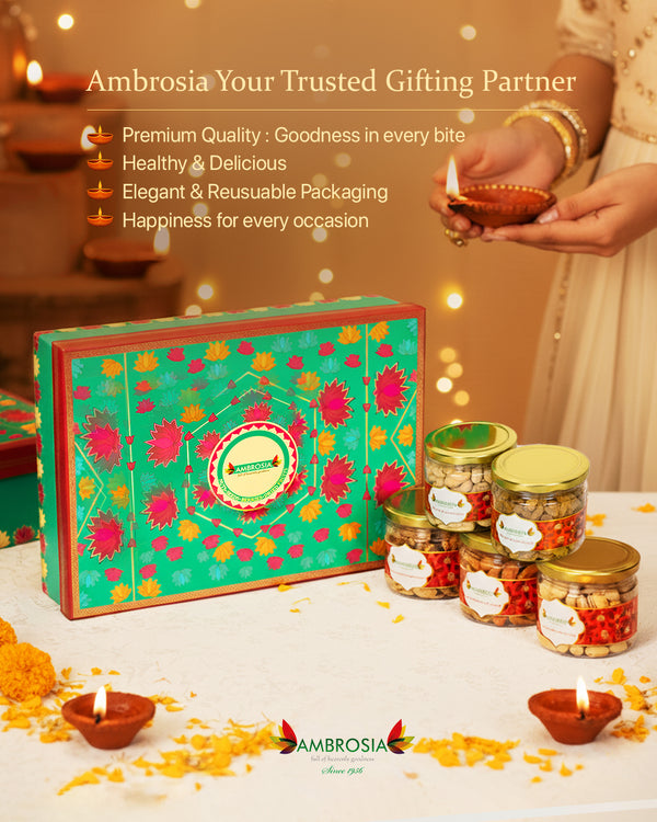 Ambrosia Mixed Delights Diwali Gift Box 740g I Diwali Gift Hamper I Premium Dry-fruits I Almonds, Cashew, Pista, Raisins & Walnut Kernels I Corporate Diwali Hamper I Diwali Dry Fruit Gift Pack I Premium Diwali Gift Box I Festive Hamper
