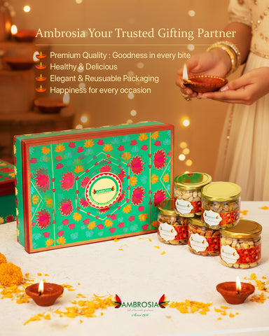Ambrosia Mixed Delights Diwali Gift Box 740g I Diwali Gift Hamper I Premium Dry-fruits I Almonds, Cashew, Pista, Raisins & Walnut Kernels I Corporate Diwali Hamper I Diwali Dry Fruit Gift Pack I Premium Diwali Gift Box I Festive Hamper