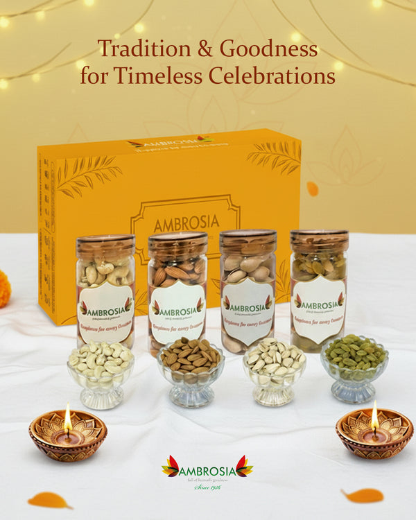 Ambrosia Diwali Dry Fruits Gift Box 440g - Diwali Gift Hamper | Festive Dry Fruit Gift |Almonds, Cashew, Pista & Raisins