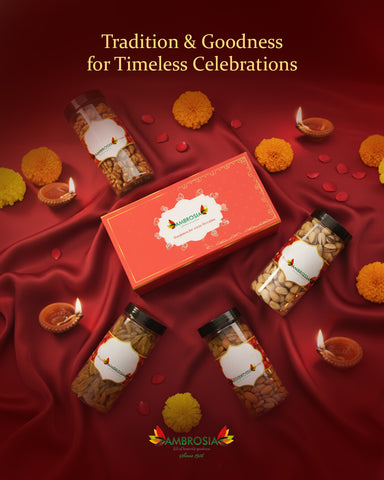 Ambrosia Dry Fruit Box, 830g - Premium Dryfruit Gift Hamper | Beautiful Reusable Box | Perfect Festive Gift for Loved ones | Gift Hamper | Almonds | Raisins | Roasted & Salted Pistachios | Walnut Kernels