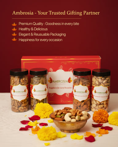 Ambrosia Dry Fruit Box, 830g - Premium Dryfruit Gift Hamper | Beautiful Reusable Box | Perfect Festive Gift for Loved ones | Gift Hamper | Almonds | Raisins | Roasted & Salted Pistachios | Walnut Kernels