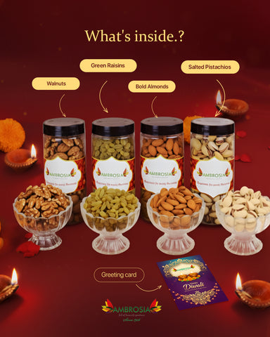 Ambrosia Dry Fruit Box, 830g - Premium Dryfruit Gift Hamper | Beautiful Reusable Box | Perfect Festive Gift for Loved ones | Gift Hamper | Almonds | Raisins | Roasted & Salted Pistachios | Walnut Kernels