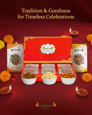 Ambrosia Celebration Diwali Gift Hamper 450g | Dry Fruits Gift Box with Premium Almonds, Cashew & Raisins|Ideal Corporate & Festive Gifting