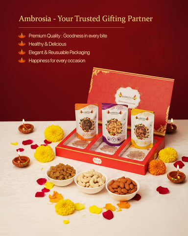Ambrosia Celebration Diwali Gift Hamper 450g | Dry Fruits Gift Box with Premium Almonds, Cashew & Raisins|Ideal Corporate & Festive Gifting