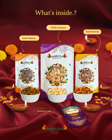 Ambrosia Celebration Diwali Gift Hamper 450g | Dry Fruits Gift Box with Premium Almonds, Cashew & Raisins|Ideal Corporate & Festive Gifting