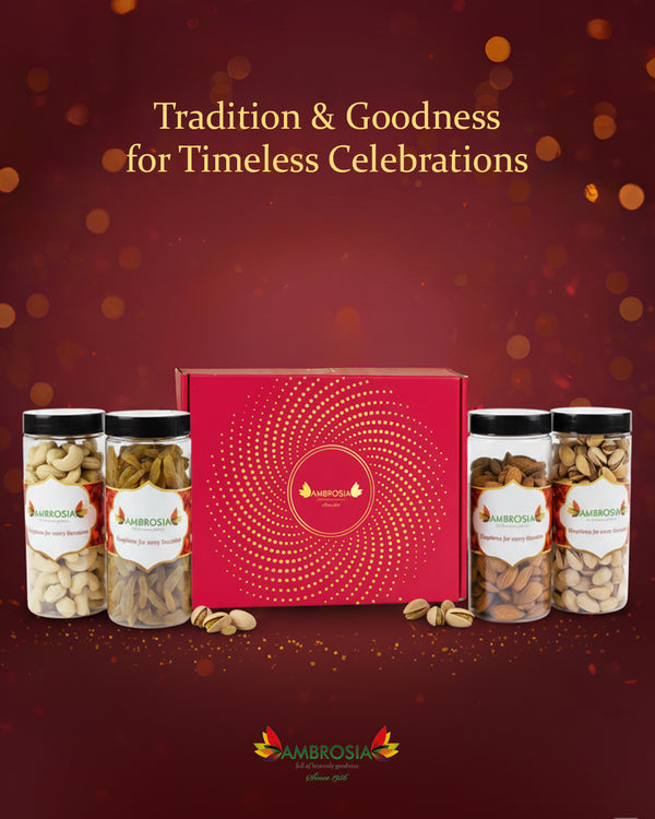 Ambrosia Dry Fruit Box, 860g - Premium Dryfruit Gift Hamper | Perfect Festive Gift for Loved ones | Gift Hamper | Almonds | Cashews | Pista | Raisins