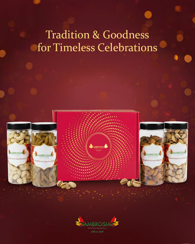 Ambrosia Dry Fruit Box, 860g - Premium Dryfruit Gift Hamper | Perfect Festive Gift for Loved ones | Gift Hamper | Almonds | Cashews | Pista | Raisins