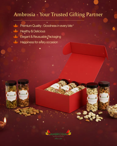 Ambrosia Dry Fruit Box, 860g - Premium Dryfruit Gift Hamper | Perfect Festive Gift for Loved ones | Gift Hamper | Almonds | Cashews | Pista | Raisins