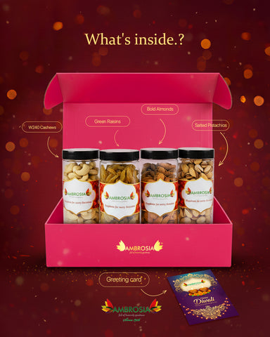 Ambrosia Dry Fruit Box, 860g - Premium Dryfruit Gift Hamper | Perfect Festive Gift for Loved ones | Gift Hamper | Almonds | Cashews | Pista | Raisins
