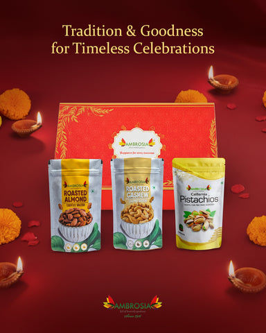 Ambrosia Diwali Gift Hamper | Roasted Nuts & Dry Fruits Combo Pack 600g | Almonds 200g, Cashews 200g, Pistachios 200g