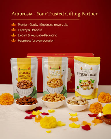 Ambrosia Diwali Gift Hamper | Roasted Nuts & Dry Fruits Combo Pack 600g | Almonds 200g, Cashews 200g, Pistachios 200g