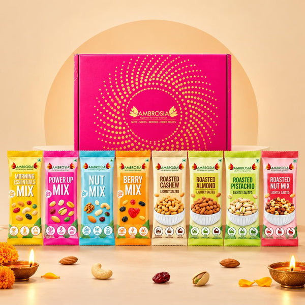 Ambrosia TrailMixes Delight Diwali Gift Hamper 240g (each pack 30g) | Packed with variety of roasted nuts, dried fruits and seeds