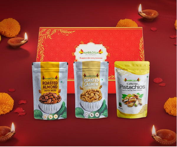 Ambrosia Diwali Gift Hamper | Roasted Nuts & Dry Fruits Combo Pack 600g | Almonds 200g, Cashews 200g, Pistachios 200g