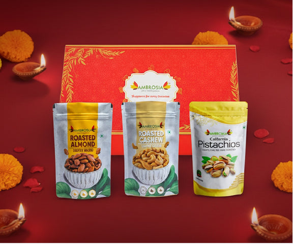 Ambrosia Diwali Gift Hamper | Roasted Nuts & Dry Fruits Combo Pack 600g | Almonds 200g, Cashews 200g, Pistachios 200g