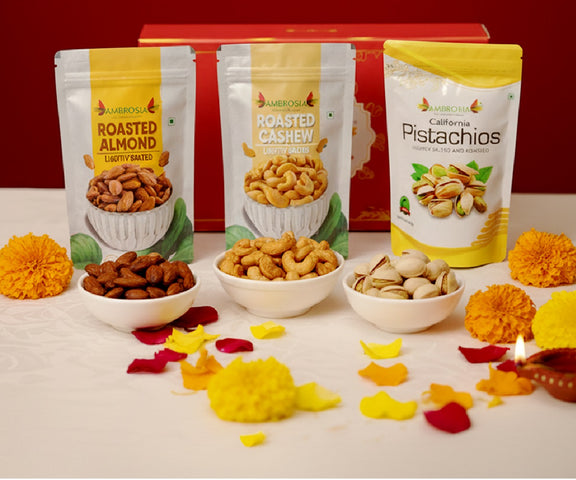 Ambrosia Diwali Gift Hamper | Roasted Nuts & Dry Fruits Combo Pack 600g | Almonds 200g, Cashews 200g, Pistachios 200g