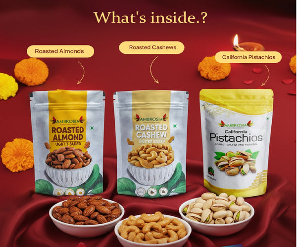 Ambrosia Diwali Gift Hamper | Roasted Nuts & Dry Fruits Combo Pack 600g | Almonds 200g, Cashews 200g, Pistachios 200g
