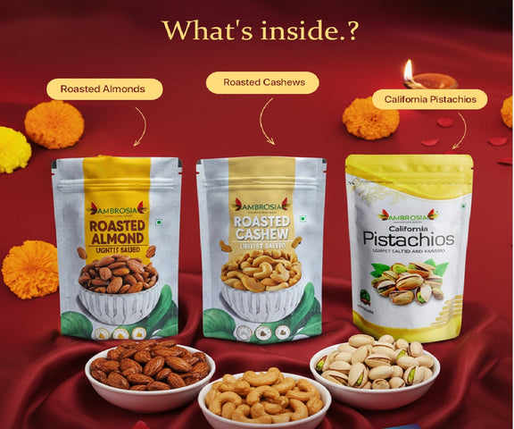 Ambrosia Diwali Gift Hamper | Roasted Nuts & Dry Fruits Combo Pack 600g | Almonds 200g, Cashews 200g, Pistachios 200g