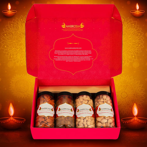 Ambrosia Dry Fruit Box, 860g - Premium Dryfruit Gift Hamper | Perfect Festive Gift for Loved ones | Gift Hamper | Almonds | Cashews | Pista | Raisins