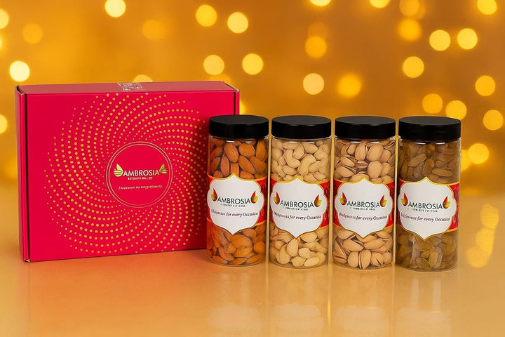 Ambrosia Dry Fruit Box, 860g - Premium Dryfruit Gift Hamper | Perfect Festive Gift for Loved ones | Gift Hamper | Almonds | Cashews | Pista | Raisins
