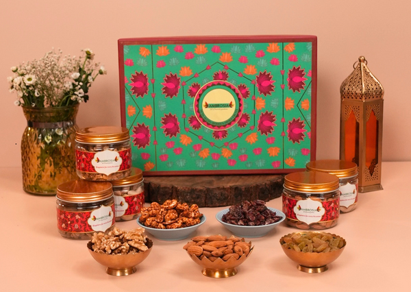 Ambrosia Mixed Delights Diwali Gift Box 810g I Diwali Gift Hamper I Premium Roasted Dry-fruits I Salted Almonds, Salted Cashews, Flavoured Cashews, Raisins & Masala Cranberry | Corporate Diwali Hamper