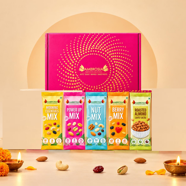 Ambrosia Dry Fruit Box, 150g - Premium Dryfruit Gift Hamper | Morning Essential Trail Mix | Berry Trail Mix | Exotic Nut Trail Mix | Powerup Mix | Roasted Almonds