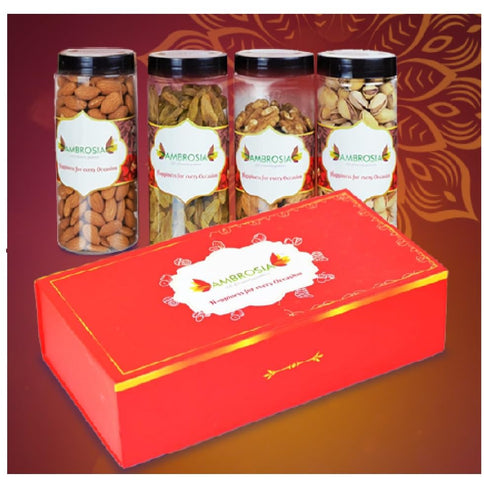 Ambrosia Dry Fruit Box, 830g - Premium Dryfruit Gift Hamper | Beautiful Reusable Box | Perfect Festive Gift for Loved ones | Gift Hamper | Almonds | Raisins | Roasted & Salted Pistachios | Walnut Kernels