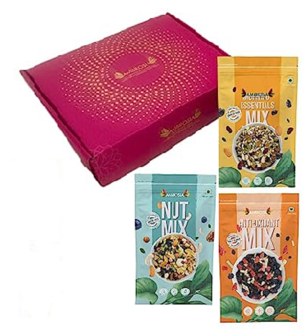 Ambrosia Healthy Trail Mixes Gift Hamper with Rakhi Tikka & Greeting Card (NutMix 250g, Morning Mix 250g, Berry Mix 250 g)