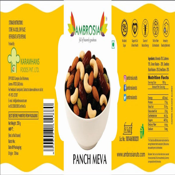 Ambrosia Panchmeva Dry Fruits Mix, 250g I Fit for Fasting | Healthy Snacks Mixed Nuts Contains Almonds, Cashews, Dates, Black Raisin, Green Raisin