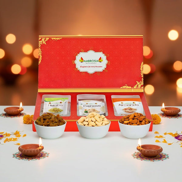 Ambrosia Celebration Diwali Gift Hamper 450g | Dry Fruits Gift Box with Premium Almonds, Cashew & Raisins|Ideal Corporate & Festive Gifting
