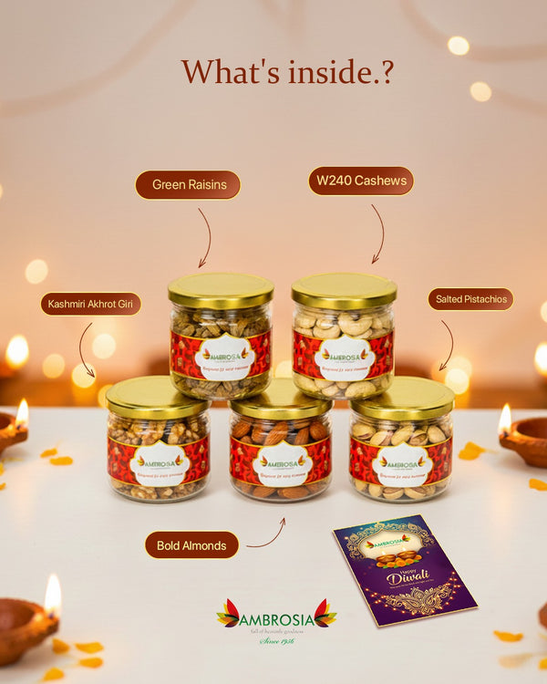 Ambrosia Mixed Delights Diwali Gift Box 740g I Diwali Gift Hamper I Premium Dry-fruits I Almonds, Cashew, Pista, Raisins & Walnut Kernels I Corporate Diwali Hamper I Diwali Dry Fruit Gift Pack I Premium Diwali Gift Box I Festive Hamper