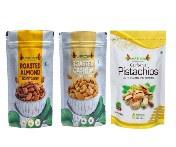 Ambrosia Diwali Gift Hamper | Roasted Nuts & Dry Fruits Combo Pack 600g | Almonds 200g, Cashews 200g, Pistachios 200g