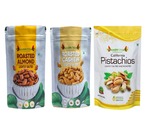 Ambrosia Diwali Gift Hamper | Roasted Nuts & Dry Fruits Combo Pack 600g | Almonds 200g, Cashews 200g, Pistachios 200g