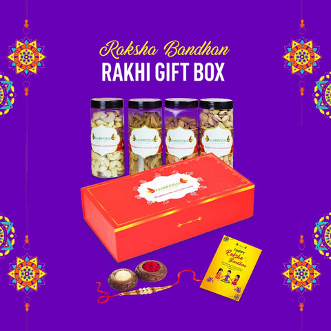 Ambrosia Dry Fruit Gift Box 830g | Premium Almonds, Cashews, Raisins & Pistachios | Festive Hamper | Gluten-Free | Healthy Gifting Pack | With Rakhi, Roli Chawal & Greeting Card