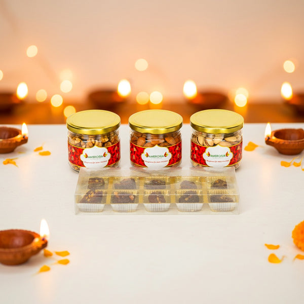 Ambrosia Mixed Delights Diwali Gift Box 670g I Diwali Gift Hamper I Premium Dry-fruits I Almonds, Dates, Pista & Walnut Kernels I Corporate Diwali Hamper I Diwali Dry Fruit Gift Pack I Premium Diwali Gift Box I Festive Hamper
