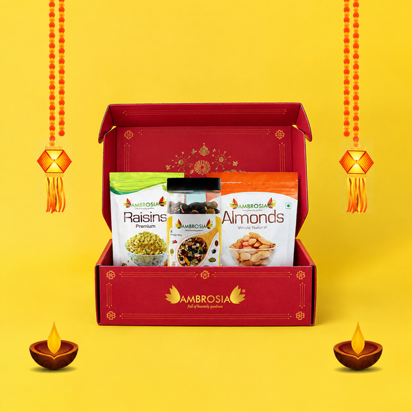 Ambrosia Dry Fruit Box, 750g - Premium Dryfruit Gift Hamper | Perfect Festive Gift for Loved ones | Gift Hamper | Assorted Mix of Flavoured Nuts & Trail Mix | Almonds | Raisins | ClassicTrail Mix