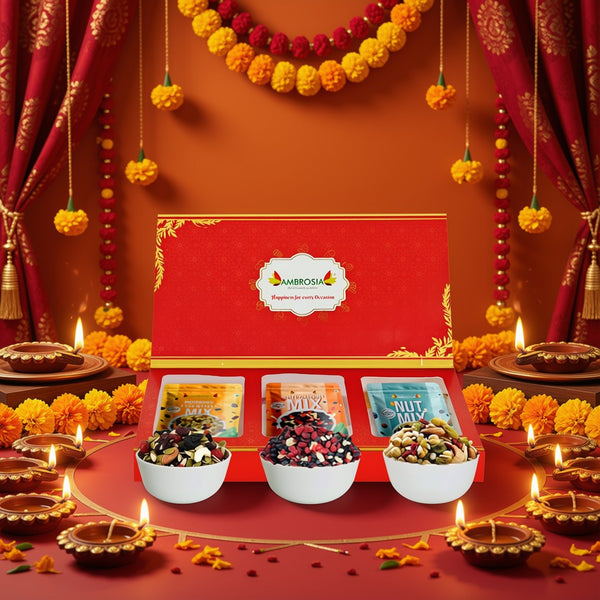 Ambrosia TrailMixes Diwali Gift Hamper 600g (each pack 200g) | Packed with premium crunchy Nut Mix, BerryMix & Morning Mix 600g